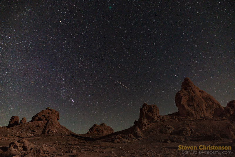 Orion is visible on the bottom left, with a Geminid meteor and 46P/Wirtanen on top